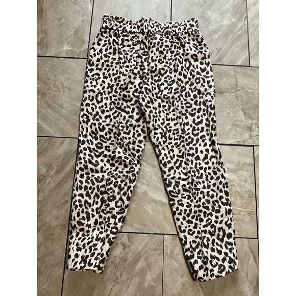J. Crew Pants Brown Ivory Leopard Print Easy Linen Pull On Trousers 4 Ruffle - Picture 5 of 8
